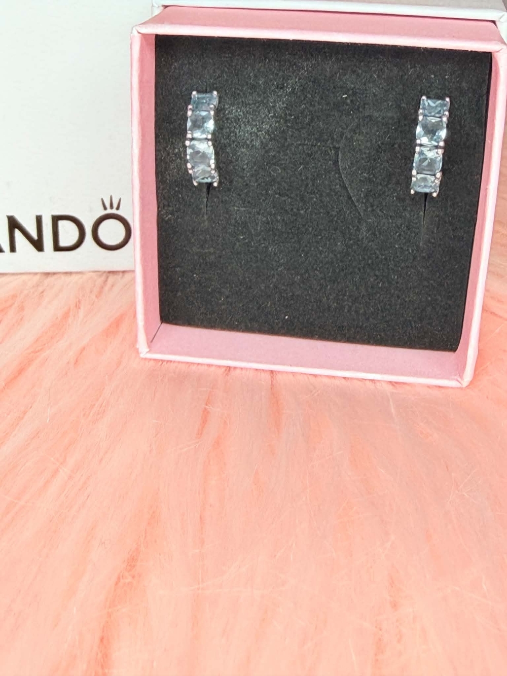 Pandora Sterling Silver Hoop Earrings with Blue Stones - Picture 2 of 5